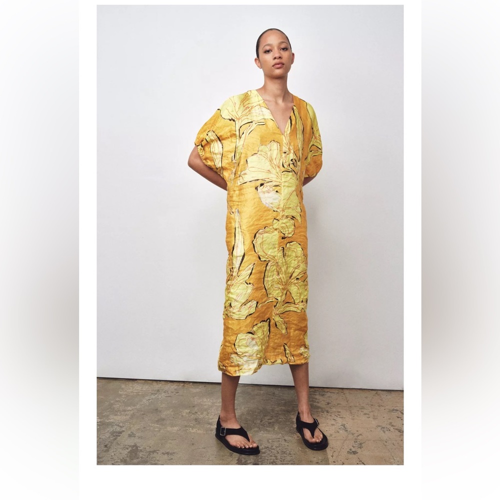 Zara Mustard Leaf Print Dress